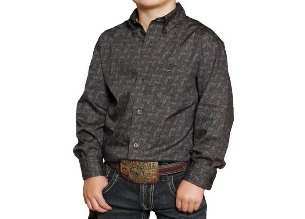 NEW CINCH boys long sleeve printed shirt in charcoal